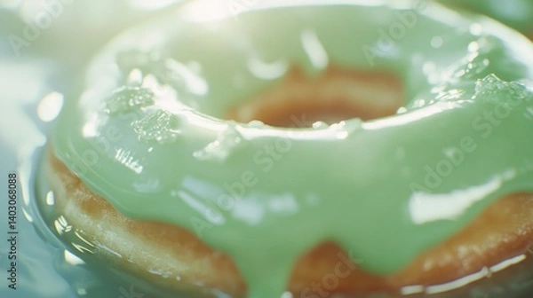 Fototapeta A glazed donuts with green frosting and crystalline sprinkles floats