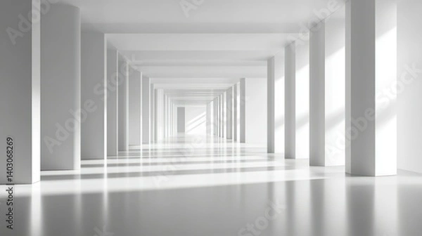 Fototapeta A bright white architectural corridor with many columns and light