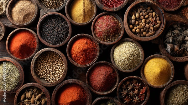 Fototapeta Overhead shot of various spices in rustic bowls, showcasing diverse colors and textures, representing culinary diversity and rich flavor profiles