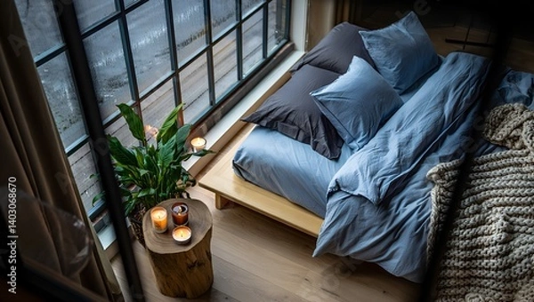 Fototapeta Top view of cozy bedroom with rain outside, candles and plant by window