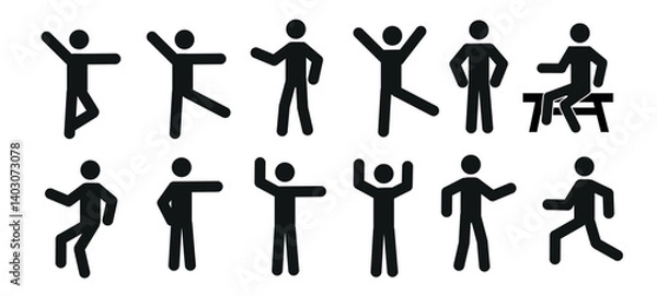 Fototapeta Various poses of a standing human figure. A man is sitting on a bench. The wand man icon. An icon. Flat vector illustration on a white background.