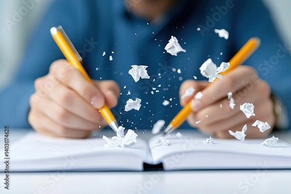 Obraz A person is writing in a notebook, with crumpled paper flying around, symbolizing creativity and frustration in the writing process.