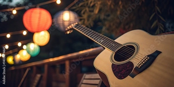 Fototapeta A waiting acoustic guitar under warm evening lights, ready for a summer night's serenade on a cozy patio.