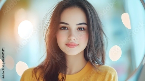 Obraz A young woman with long dark hair gazes at the camera, illuminated by soft lighting and surrounded by circular reflections.