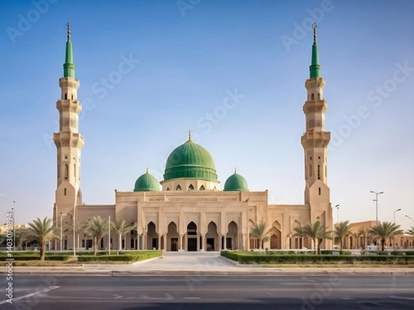 Obraz A Modern Mosque with Two Tall Minarets and a Green Dome