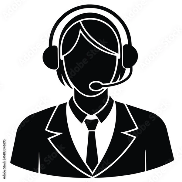 Fototapeta Customer Service Representative Icon: Black & White Vector Illustration of Support Agent with Headset in Formal Attire