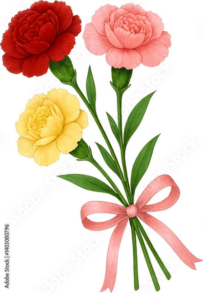 Fototapeta 리본으로 묶은 빨강, 핑크, 노랑 카네이션 꽃 세 송이, 어버이날 선물, generative AI.
