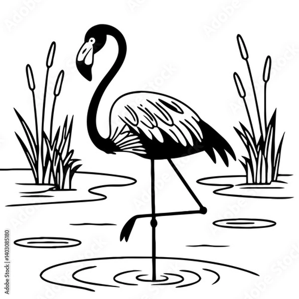 Fototapeta Elegant Flamingo Stork Standing in Marsh with Reeds and Water Ripples Illustration