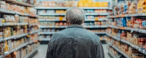 Obraz old person in grocery store, back view of senior man in supermarket