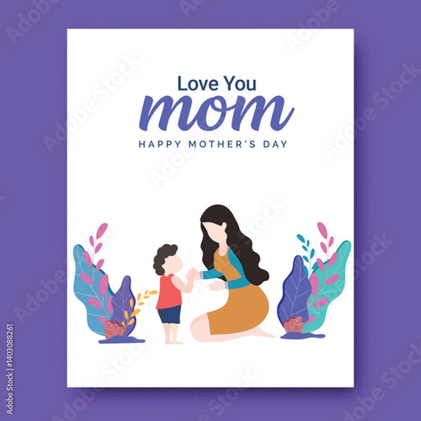 Fototapeta Happy Mother's Day Greeting Card with I Love You Message Text, Mother and Child Cartoon Against Colorful Leaves Background.