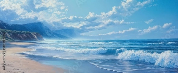 Fototapeta A tranquil beach scene with gentle waves under a bright sky.