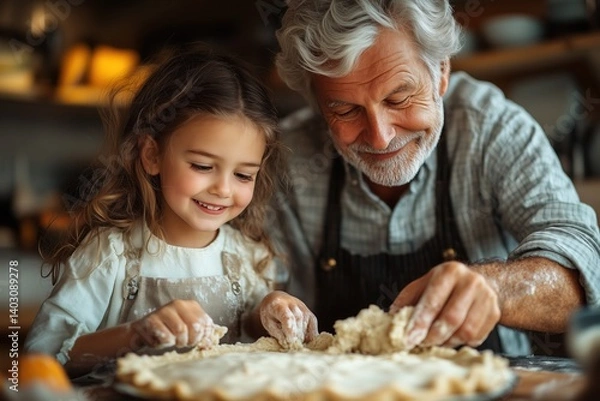 Fototapeta A father and daughter preparing pie dough together in a cozy, warmly lit kitchen, smiling and sharing the joy of baking 