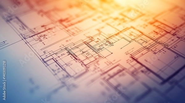 Obraz Blueprint Dreams: A detailed architectural design showcasing intricate room layouts and plumbing plans in warm, sunlit tones.
