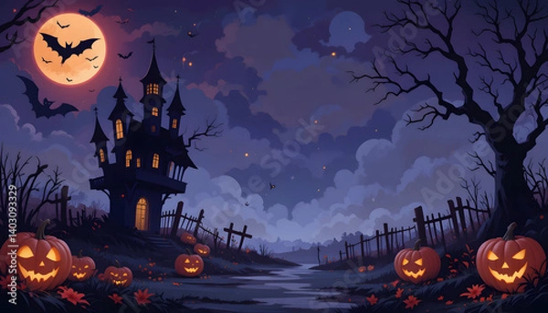 Fototapeta Silhouette Spooky Halloween banner illustration banner. Halloween themed banner with countess castle vampire bat and scary graveyard with glowing pumpkin and full moon