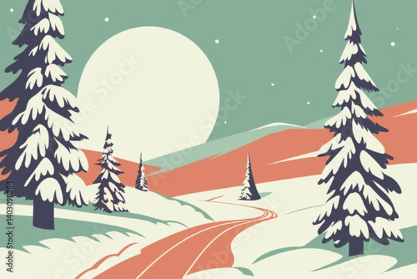 Obraz Snow-covered fir trees under a glowing full moon create a serene winter night scene—perfect for seasonal designs and holiday visuals.​
