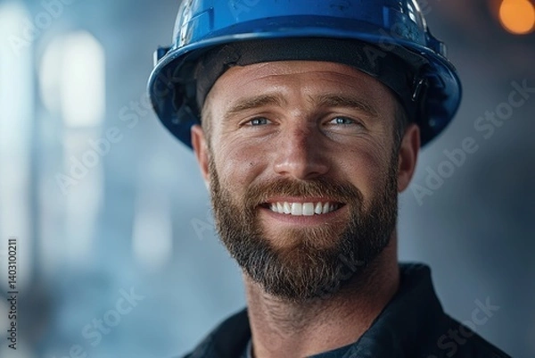 Obraz Smiling construction worker with a blue hard hat, covered in dust, showcasing a rugged yet friendly appearance in an industrial setting.