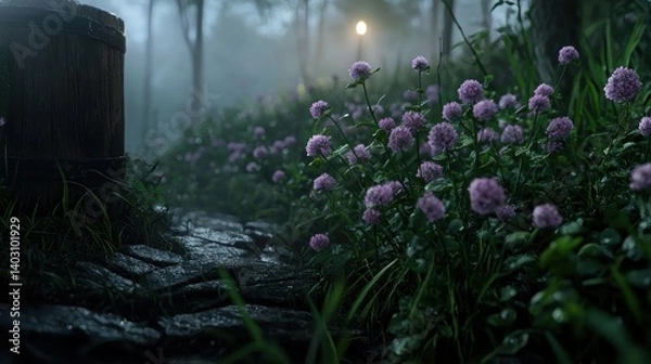 Fototapeta Misty forest path lined with vibrant purple clover flowers.  A wooden barrel sits beside a stone walkway, bathed in a soft, ethereal light