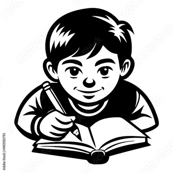 Fototapeta Happy Boy Writing in Open Book with Pencil Vector Design for Educational Themes