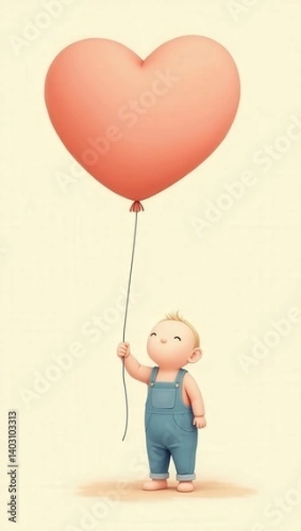 Obraz Cute baby holding a red heart-shaped balloon on a light beige background, symbolizing love and innocence