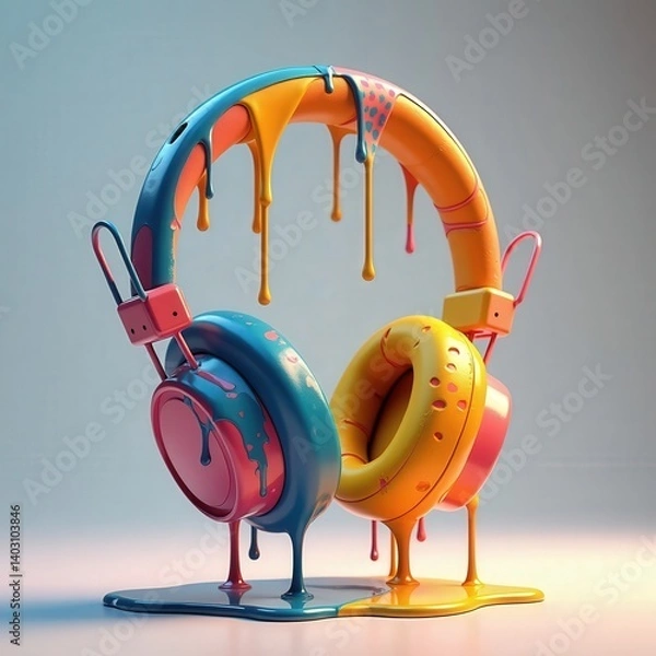 Obraz Vibrant headphones with colorful dripping paint design in abstract artistic style on light background
