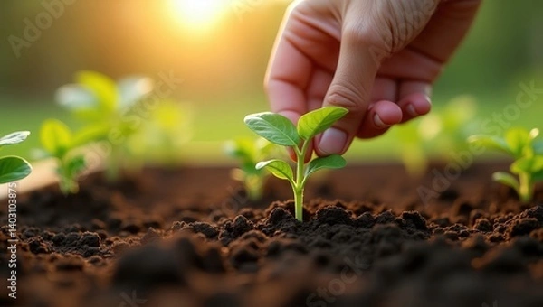 Obraz Hand planting a young green seedling in fertile soil with sunlight in the background, symbolizing growth and sustainability