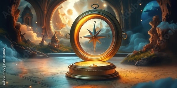 Obraz Golden compass on ancient map in a mystical fantasy setting with glowing light and celestial elements