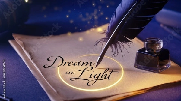 Obraz Close-up of a feather quill pen writing Dream in Light on parchment paper with glowing text and ink bottle in a dimly lit setting