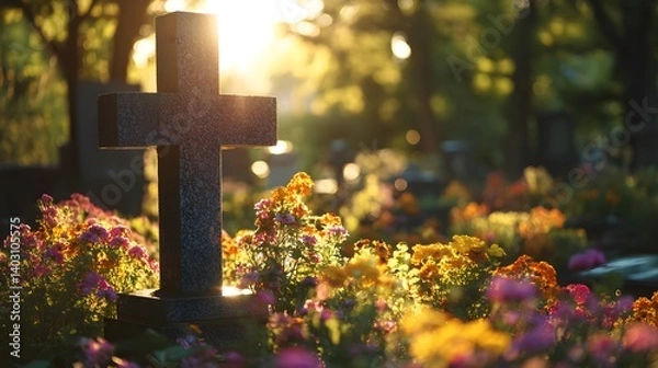 Fototapeta Granite cross gravestone surrounded by vibrant flowers in a peaceful cemetery, bathed in golden hour sunlight with lens flare for a serene composition.  