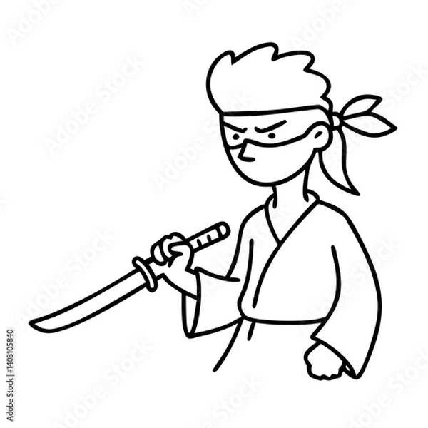 Fototapeta Cartoon Ninja Character with Sword for Kids' Design and Coloring Activities