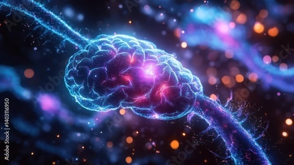 Fototapeta Glowing brain neuron network, digital art, abstract background, medical illustration