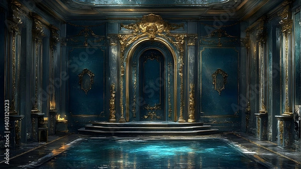 Obraz A grand, opulent, and mysterious interior with a dark teal pool.