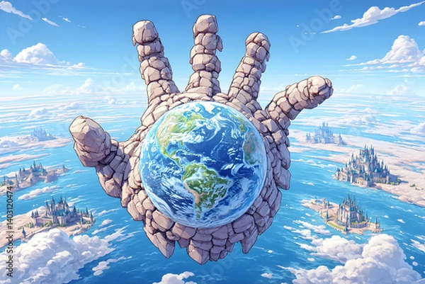 Obraz Giant stone hand holding Earth, overlooking fantasy islands