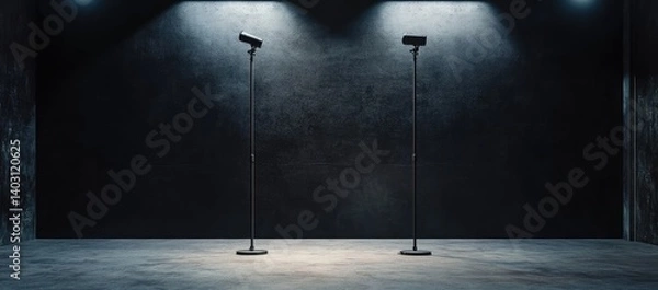 Obraz Photo of two light stands on the floor in an empty room with blue walls, soft lighting, wooden flooring, and three square lights shining from above.