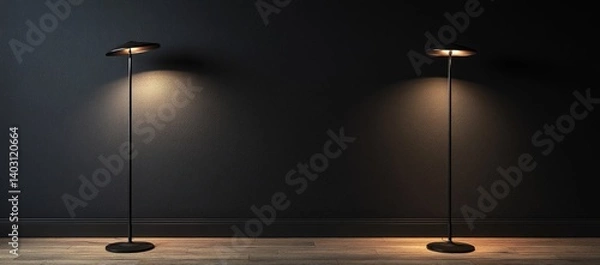 Obraz Photo of two light stands on the floor in an empty room with blue walls, soft lighting, wooden flooring, and three square lights shining from above.