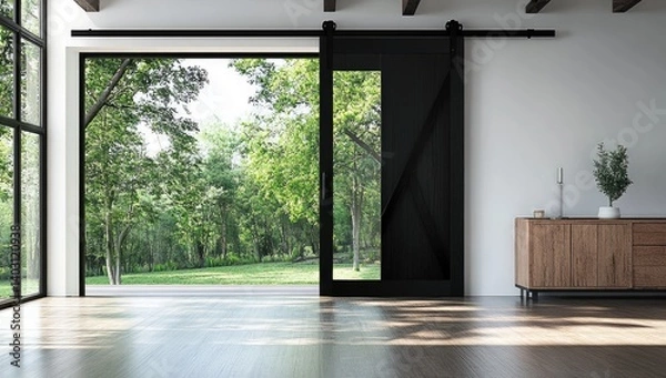 Obraz Sliding glass door, sliding barn doors with black trim, sliding window on the right side of the wall with green trees outside, and a wooden cabinet near it.
