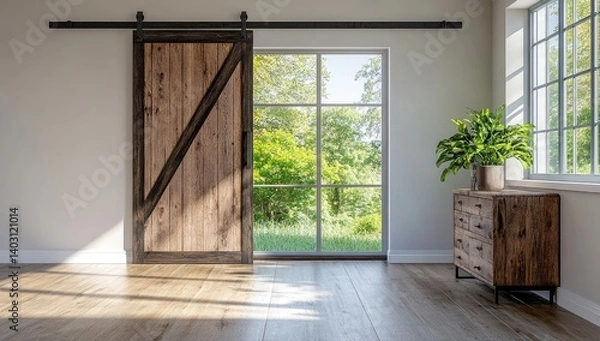 Obraz Sliding glass door, sliding barn doors with black trim, sliding window on the right side of the wall with green trees outside, and a wooden cabinet near it.