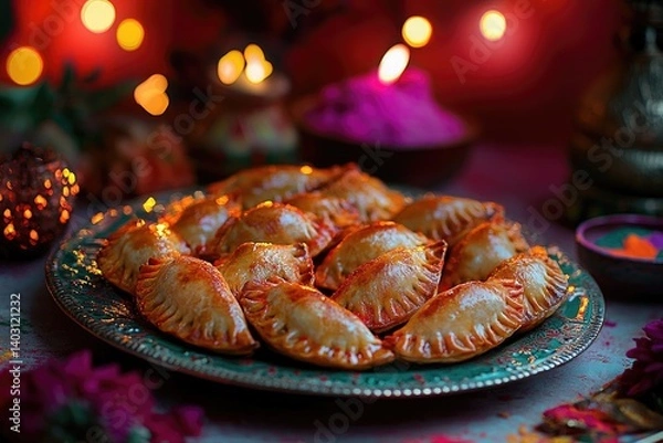 Obraz An inviting photograph of a plate with empanada-style pastries, arranged in an elegant pattern on the table.