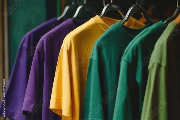 Obraz A rack of colorful t-shirts on hangers in an online store, with the focus on one bright yellow shirt hanging at the front and center.