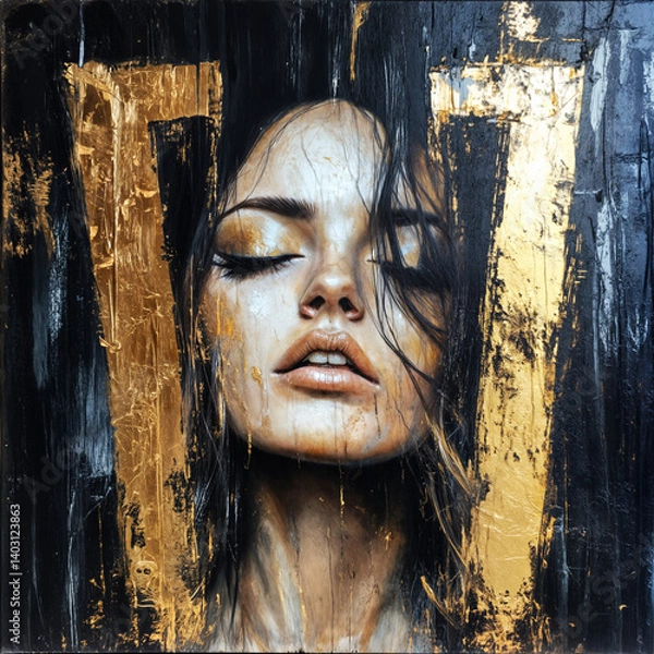 Fototapeta Dramatic artistic portrait with closed eyes against textured black background with gold leaf accents