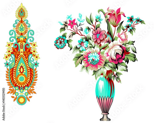 Fototapeta Beautiful Mughal art textile design pattern with beautiful colours for digital print	