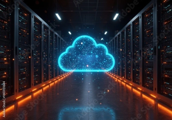 Fototapeta A glowing cloud in a server room with orange lights and dark equipment racks on either side of the cloud