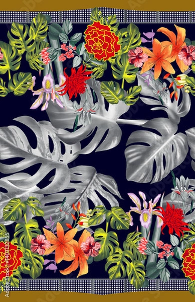 Fototapeta Beautiful Mughal art textile design pattern with beautiful colours for digital print	