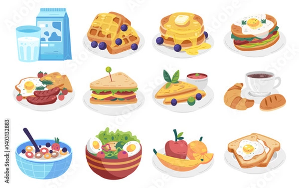 Fototapeta Diverse Breakfast Delight: An array of mouthwatering breakfast dishes and drinks arranged on plates, inviting a feast for the eyes and a symphony of flavors, a colorful scene of culinary abundance.