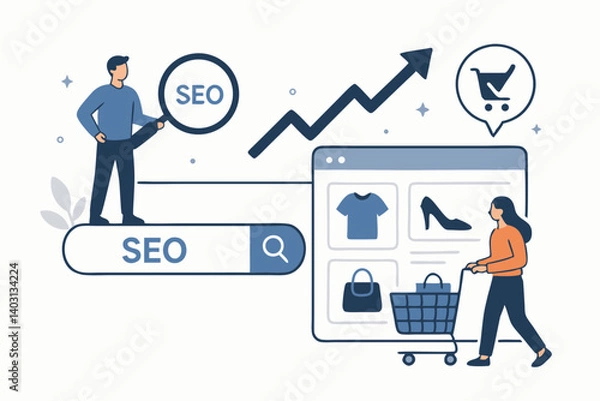 Fototapeta Flat Design Illustration of SEO Optimization for Online Shopping Websites with Analytics, Search Bar, Product Listings, and Customer Interaction