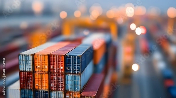 Fototapeta Stacked shipping containers at port representing global trade and logistics, concept of import export business and international commerce