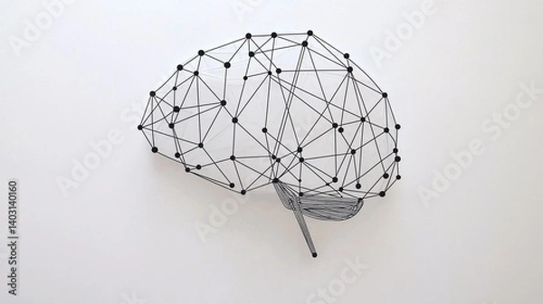 Fototapeta minimalist line art illustration of a brain with connected dots, symbolizing neural networks and simplicity in neuroplasticity. White background with copy space. [Synapse]:[Neuroplasticity] 