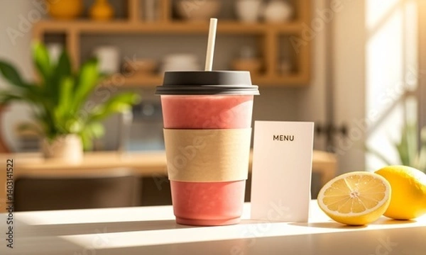 Obraz branding mockup for smoothie shop reusable cup and menu card lemon slices