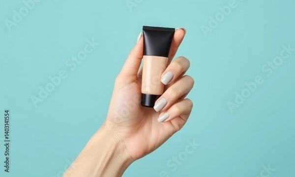 Obraz close-up of confident hand holding matte foundation tube nails in trendy pastel colors