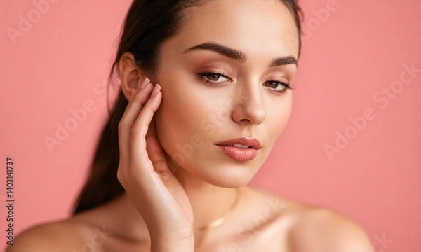 Obraz model hand holding face mist spray minimal pastel backdrop