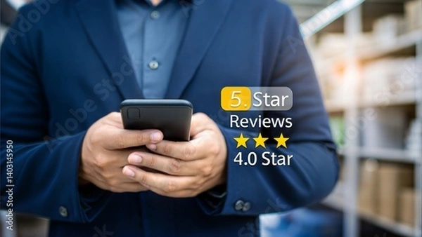 Fototapeta Customer review ratings on smartphone. Business professional analyzing digital feedback. Modern online reputation management.